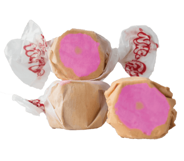 Taffy Town Glazed Doughnut Taffy - Solft glazed donut flavored salt water taffy candy with tan outer layer and pink doughnut design in center